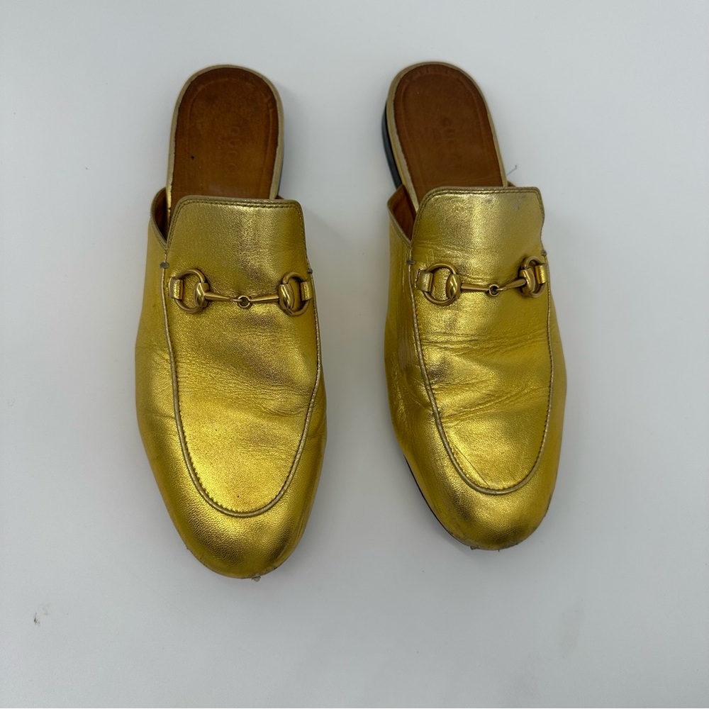 Gucci Metallic Gold Leather Horsebit Mule Loafers - Picture 3 of 9
